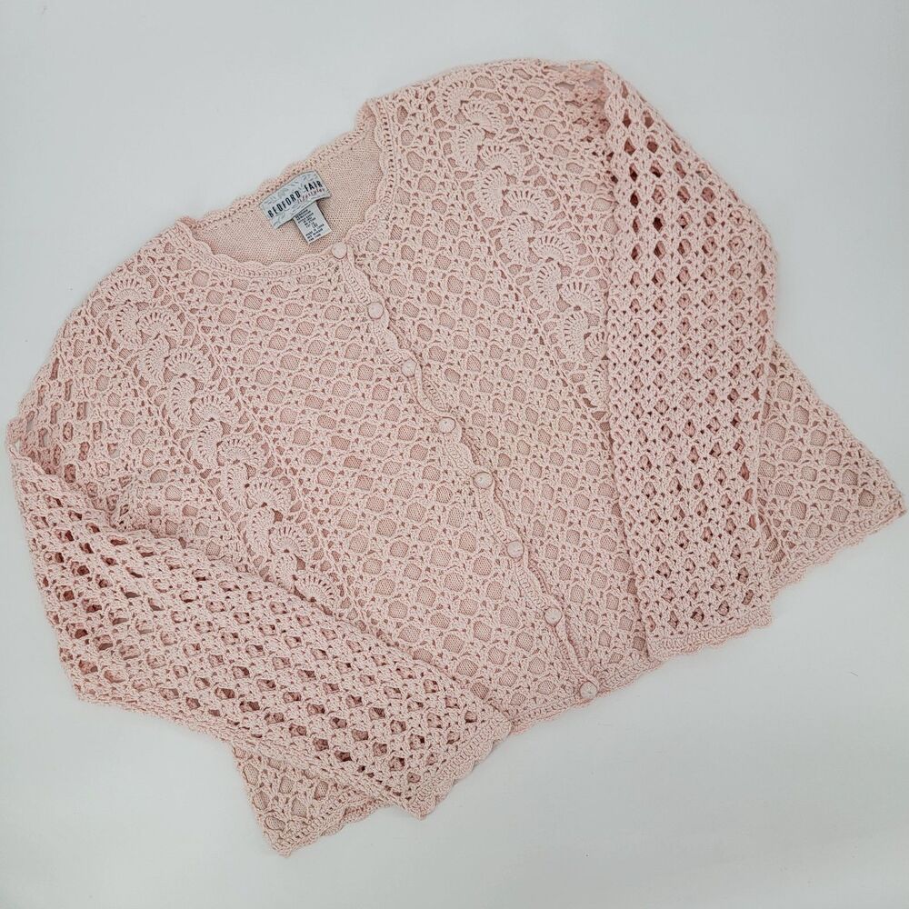 Bedford Fair Womens L Pink Ramie/Cotton Crochet Lace Long Sleeve Cardigan